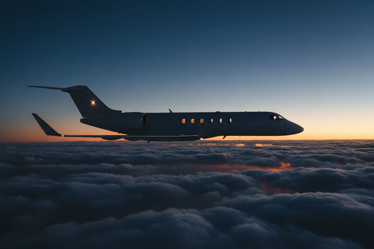 A private jet flying above the clouds at sunset.
