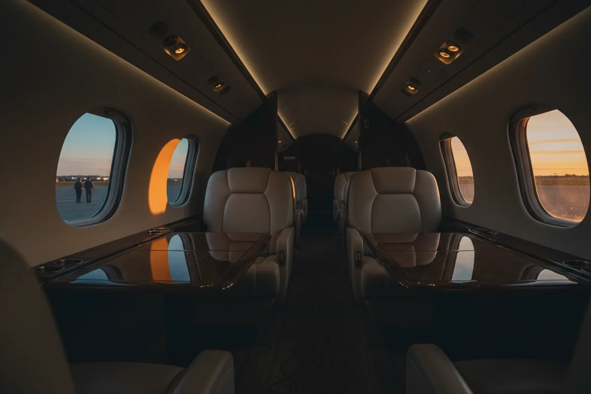 The sunlit, empty interior of a luxurious Gulfstream private jet cabin with cream leather seats.