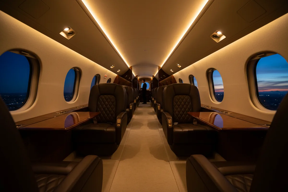 The luxurious interior of an empty private jet cabin at night.