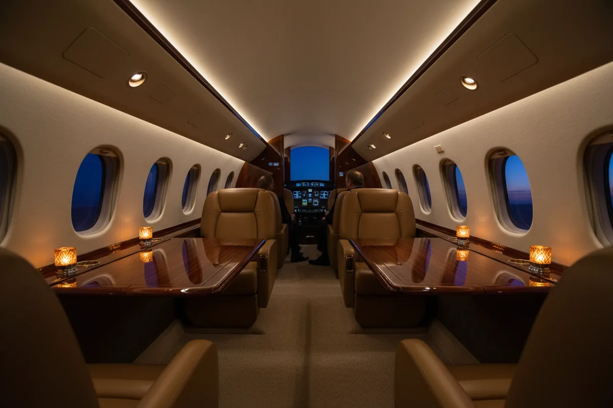 Luxurious interior of a private jet cabin with leather seats and warm lighting at twilight.