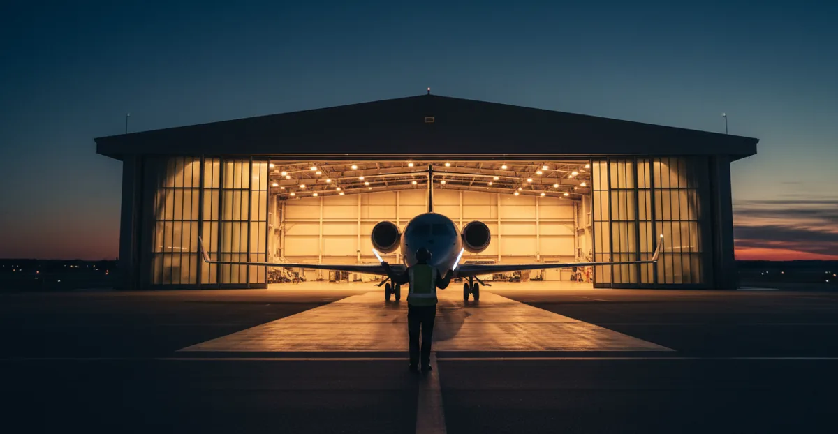 Ground crew directs a private jet on the tarmac outside a hangar at dusk.