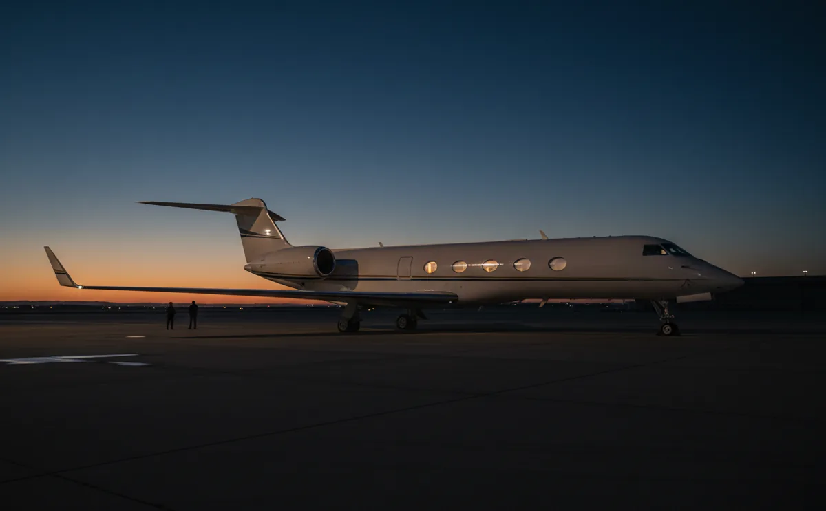 A white Gulfstream G550 ultra-long-range jet parked on a sunny airport tarmac.