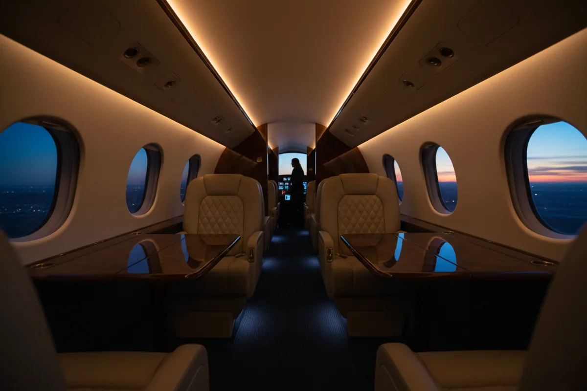 The empty, illuminated interior of a luxury private jet cabin with leather seats.