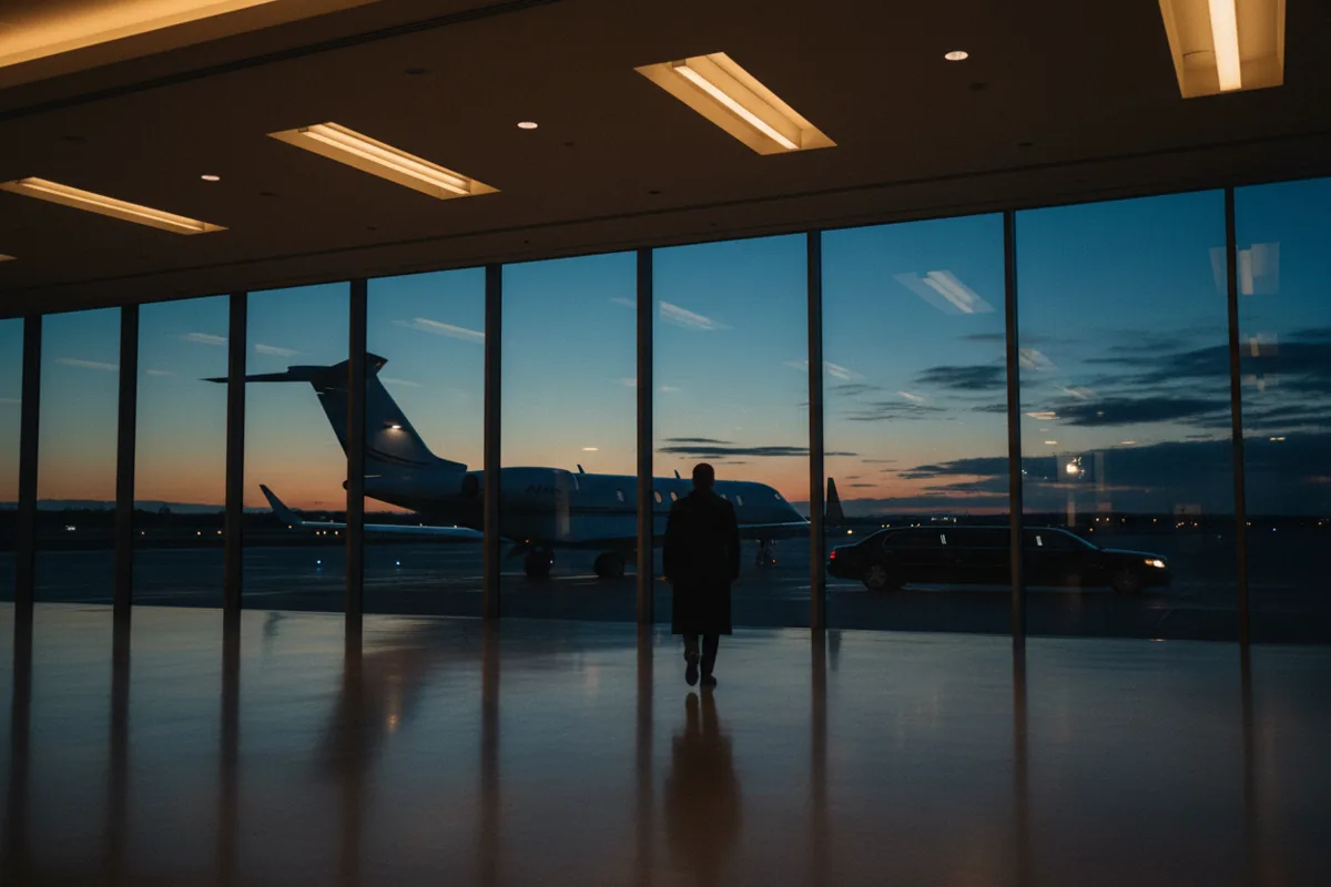 A person walks through a private air terminal at night, with a jet visible outside.