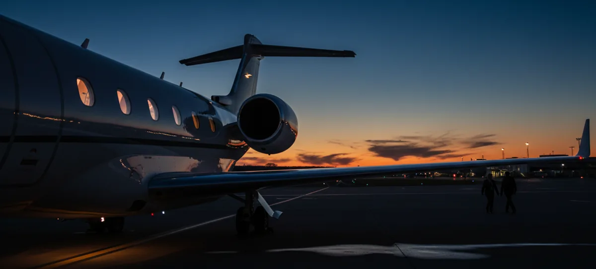 The wing and engine of a private jet gleaming in the last light of sunset.