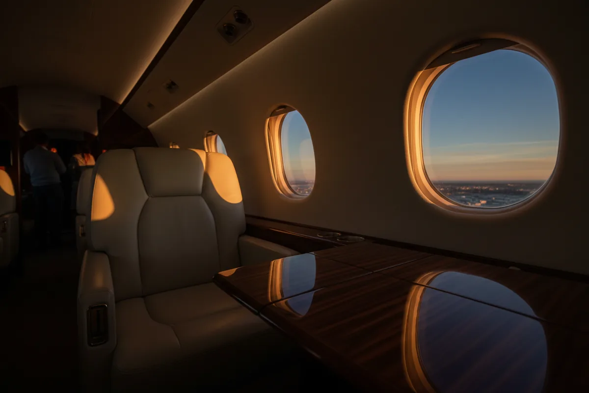 Sunlight on a luxurious cream leather seat and polished wood console inside a private jet.