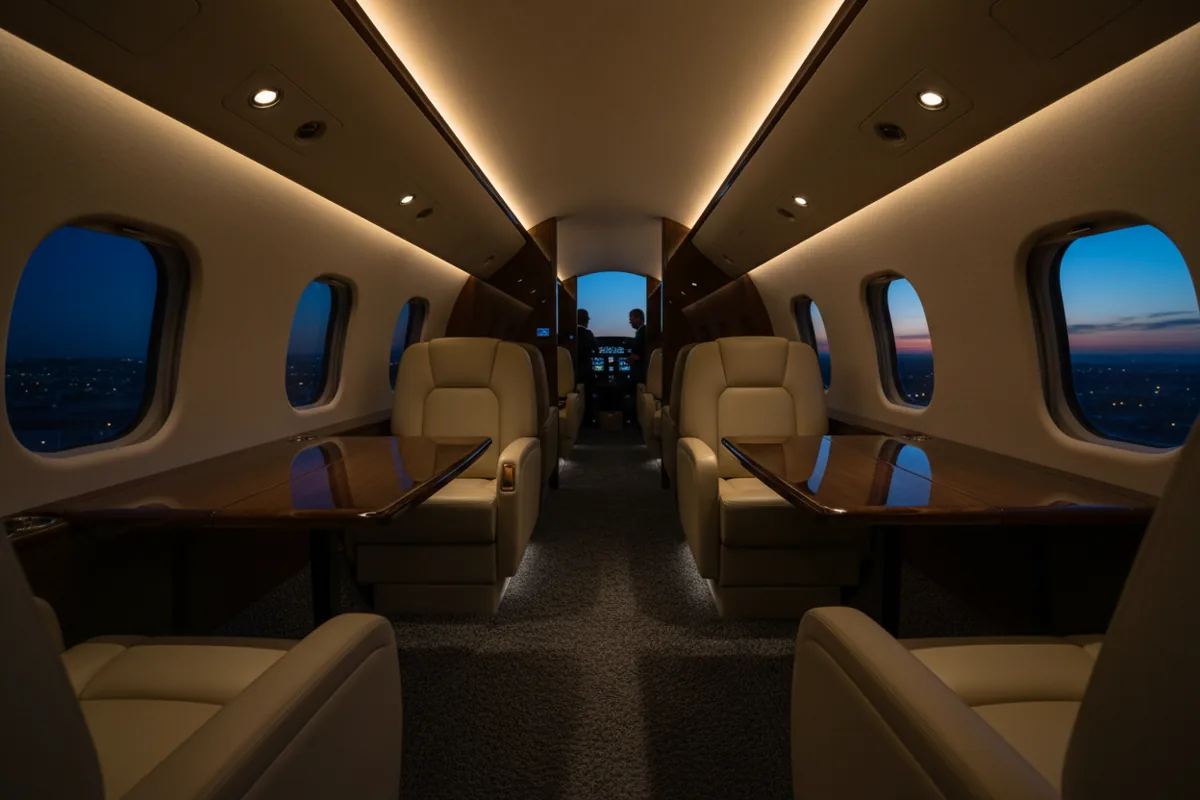 The luxurious interior of a private jet cabin with leather seats and wood trim at twilight.