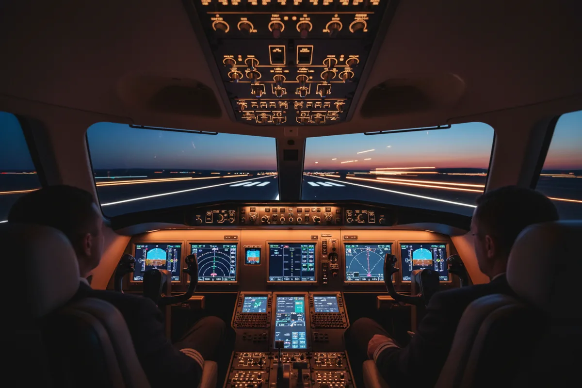 The glowing instrument panels and digital displays inside a modern jet cockpit at night.