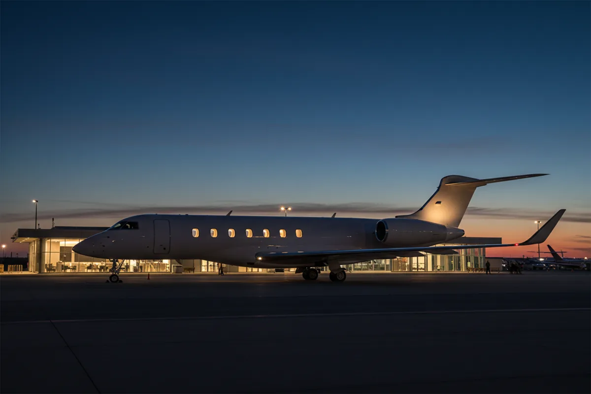 A large-cabin business jet parked on a private aviation apron at twilight.