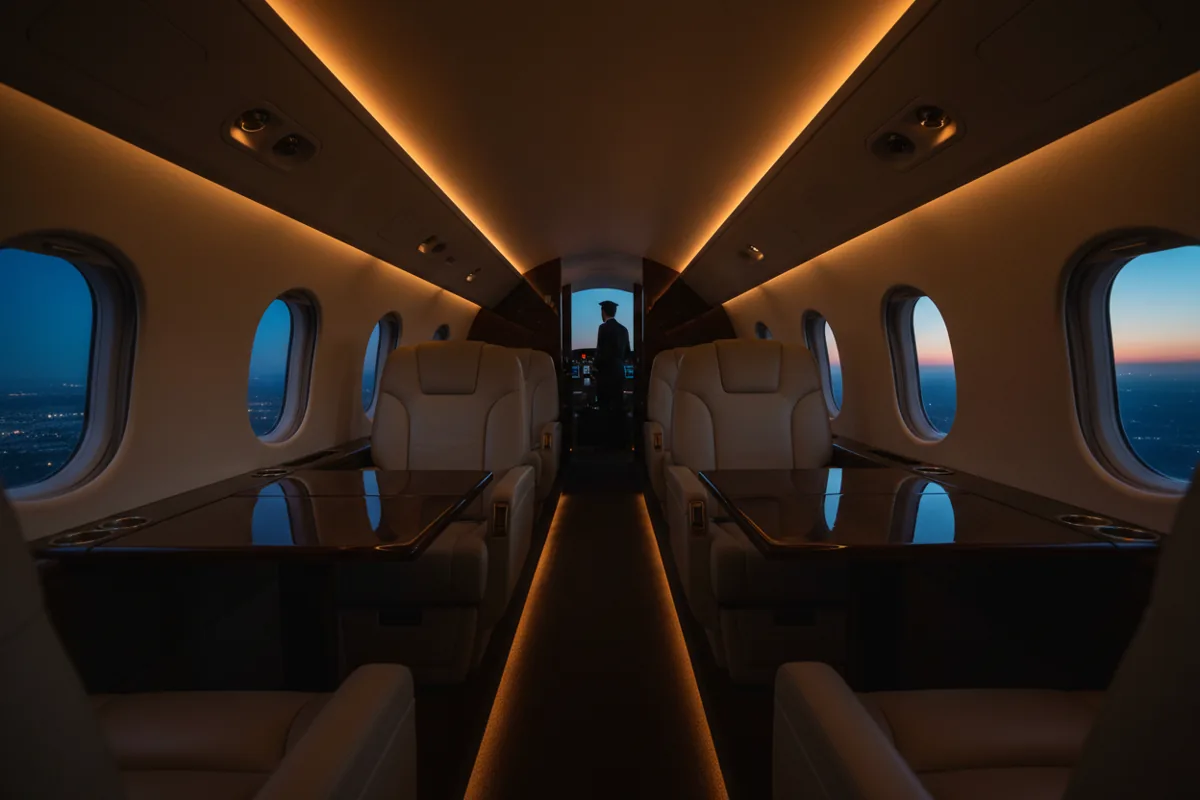 The empty, luxuriously appointed cabin of a private jet at twilight, seen through the windows.