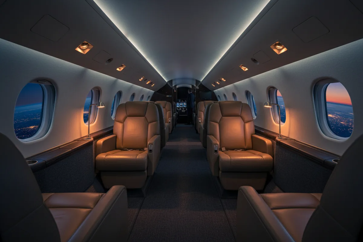 The interior of a luxurious private jet cabin with large windows showing the sky at twilight.