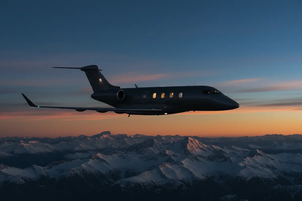 A private jet flying over a mountain range at sunset.