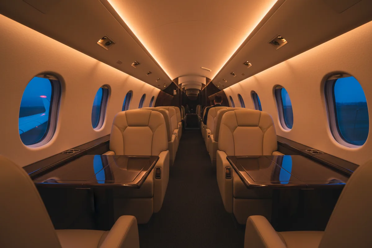 The empty, luxurious interior of a private jet cabin, warmly lit at twilight.
