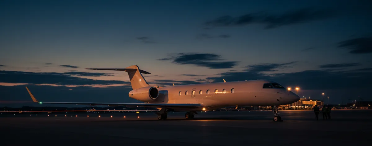 A white Gulfstream G650 private jet parked on an airport tarmac at sunset, with golden light reflecting on its fuselage.