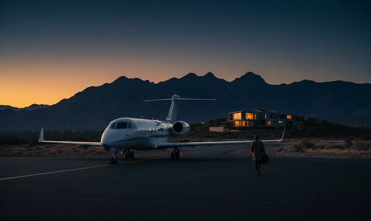 A private jet parked at a remote airfield with mountains in the background at dusk.