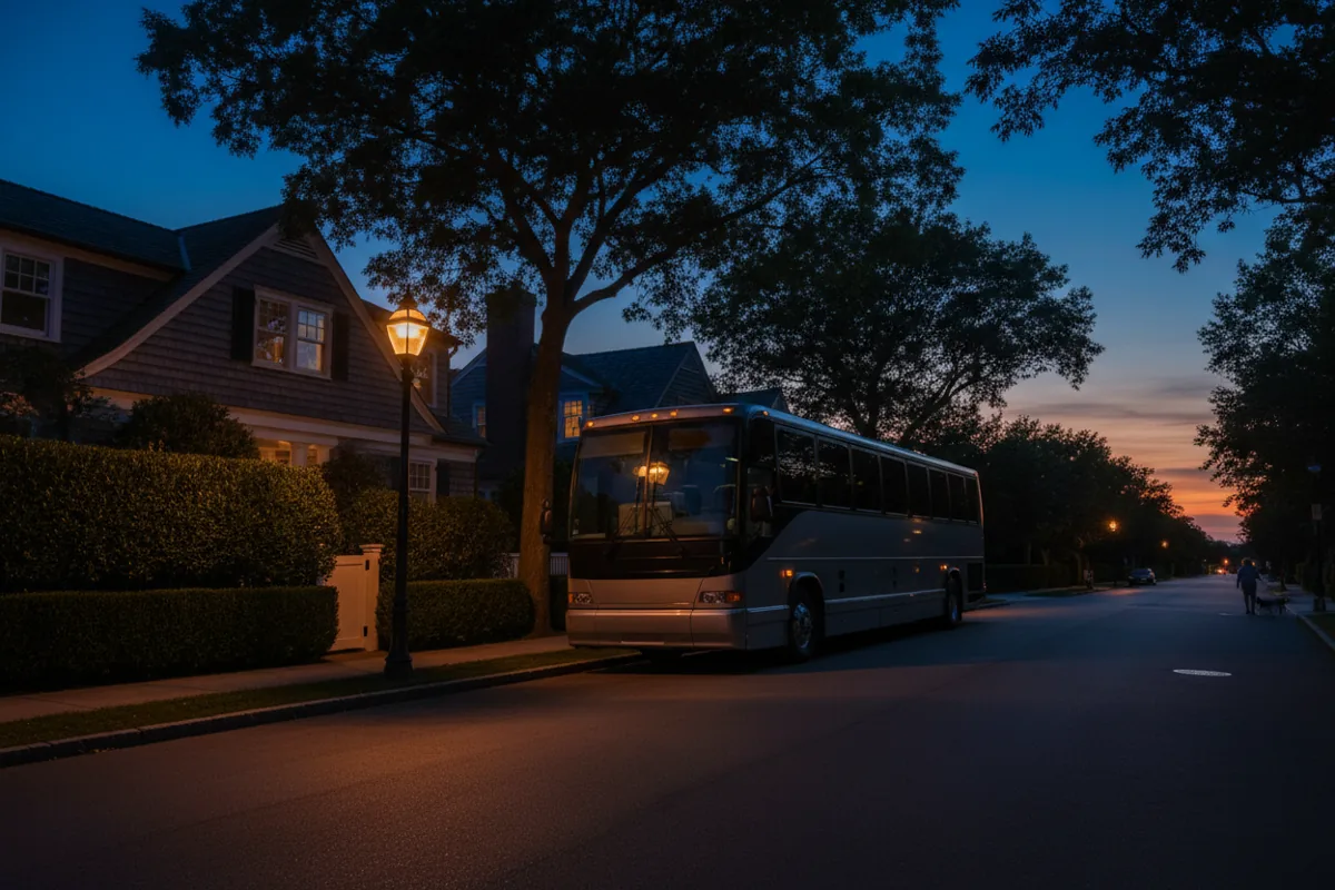 A bus parked on a quiet, tree-lined street at dusk in the Hamptons.