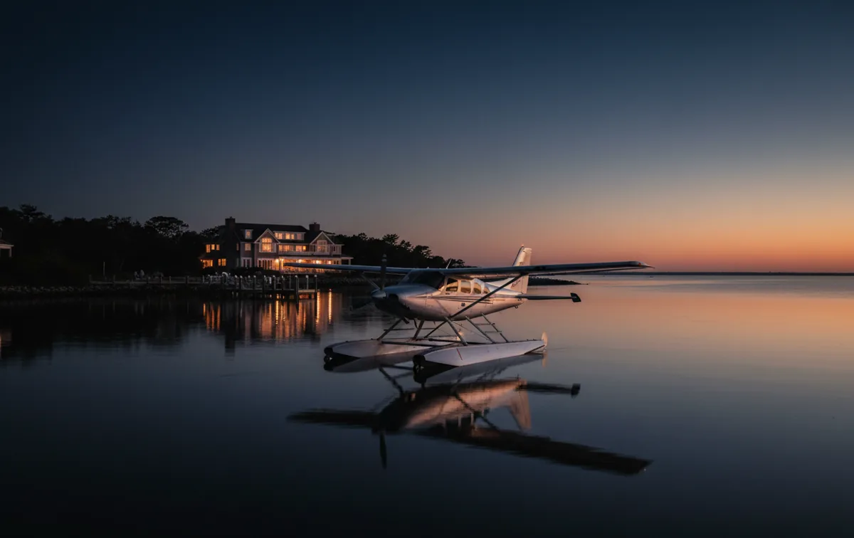 A seaplane rests on calm water in a bay at twilight, with house lights in the distance.