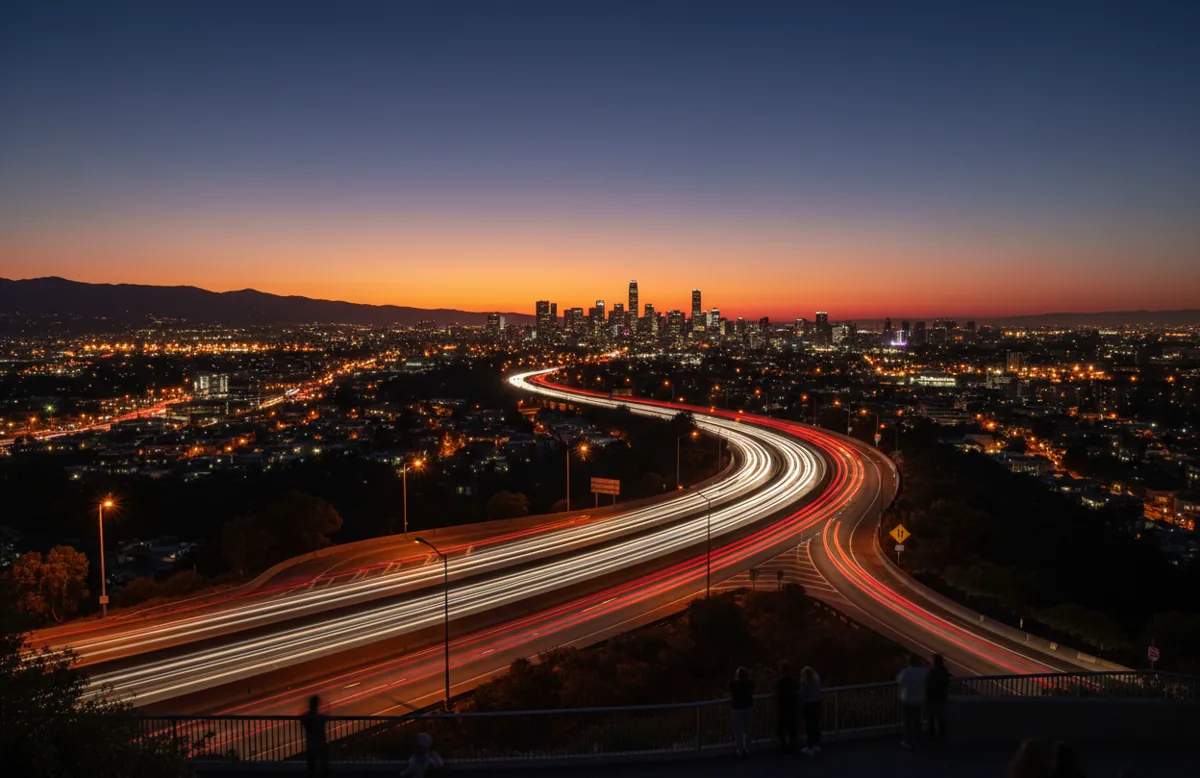 Long-exposure shot of heavy highway traffic at dusk, shown as streaks of light.