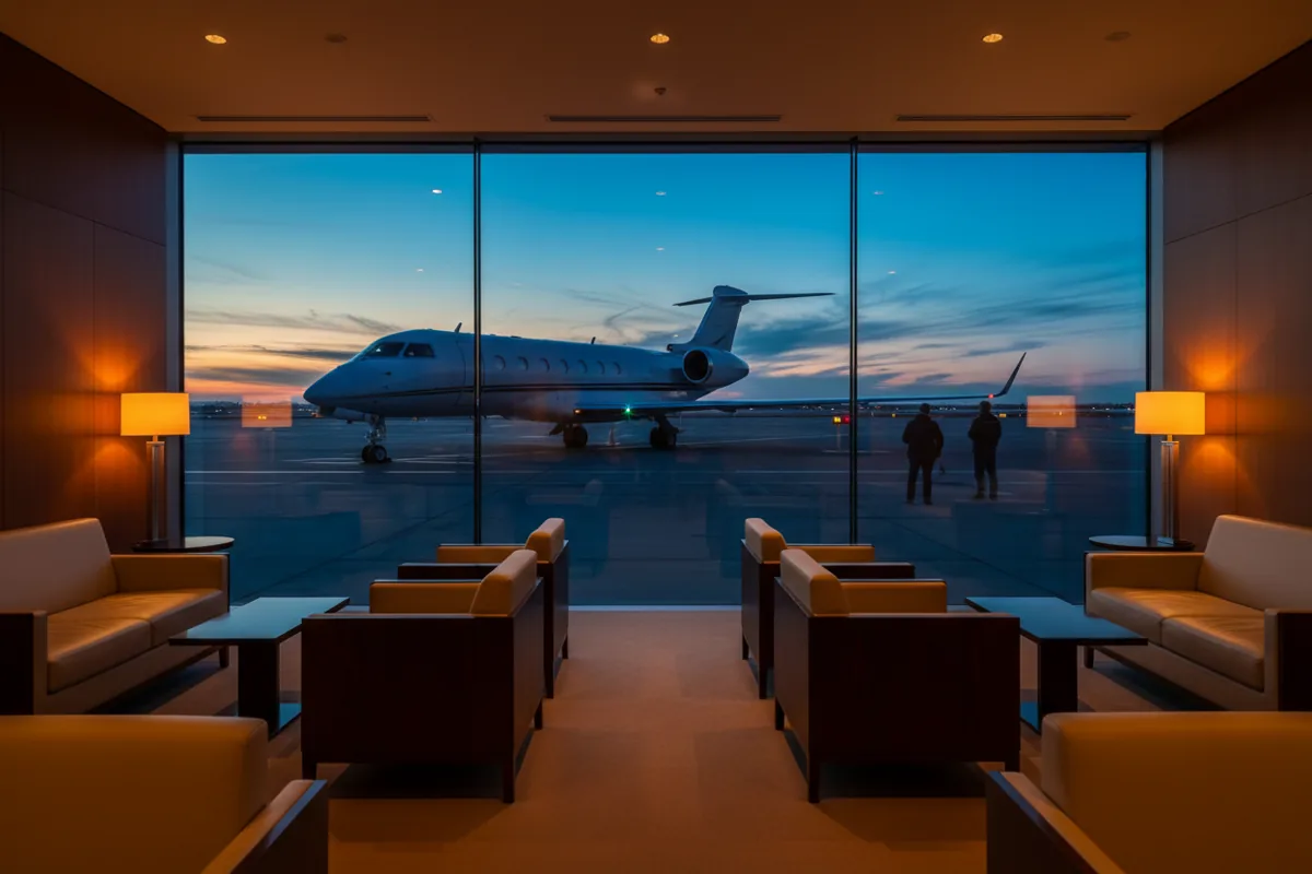 A modern airport lounge with a view of a private jet on the tarmac at dusk.