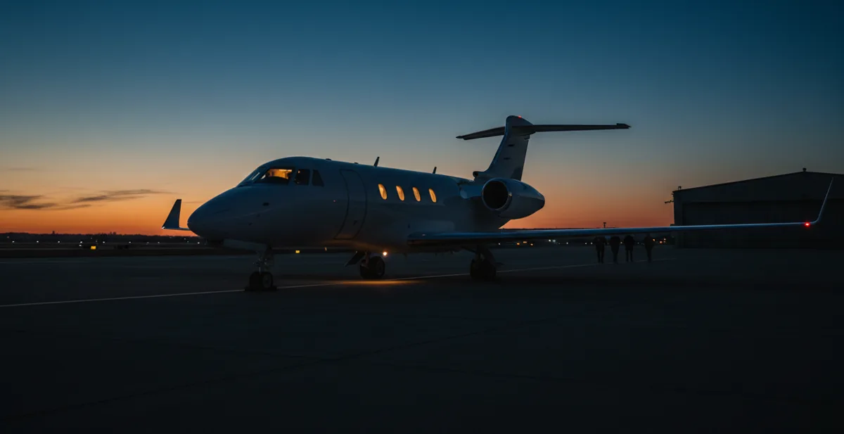 A sleek private jet parked on an airport tarmac at sunset.