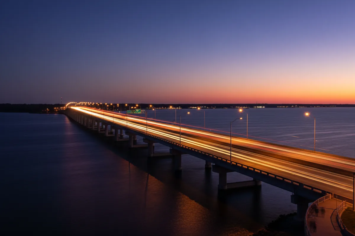 A bridge over water at twilight, with long streaks of light from traffic.