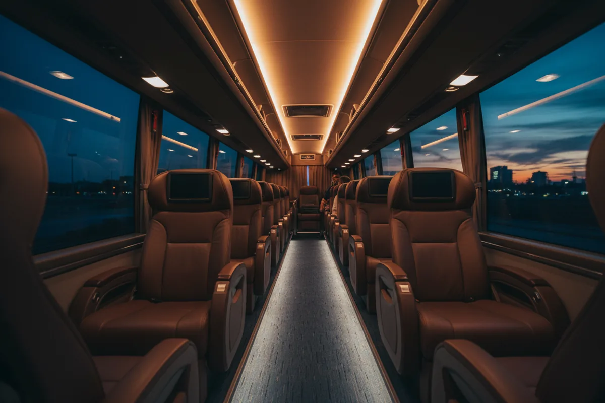 The interior of a luxury bus with spacious single leather seats on each side of the aisle.