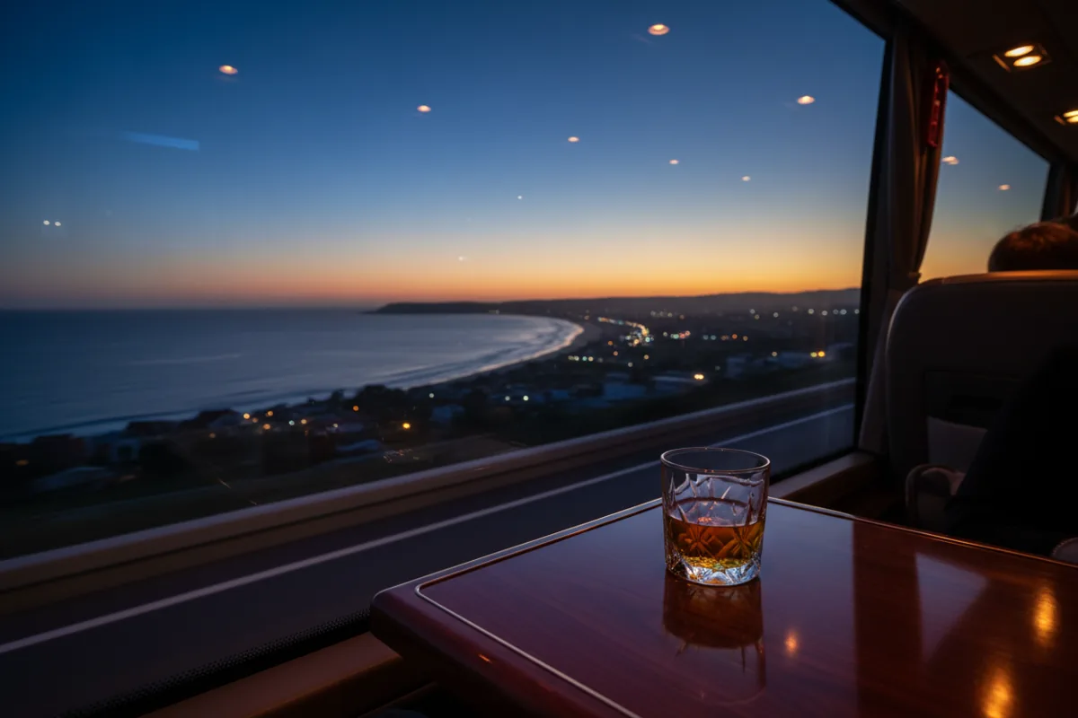 A view from a bus window at dusk, with a glass of a beverage on the tray table.
