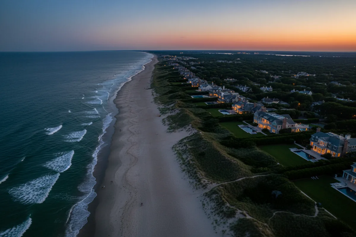 Aerial view from a helicopter of the beautiful, empty beaches and coastline of the Hamptons.