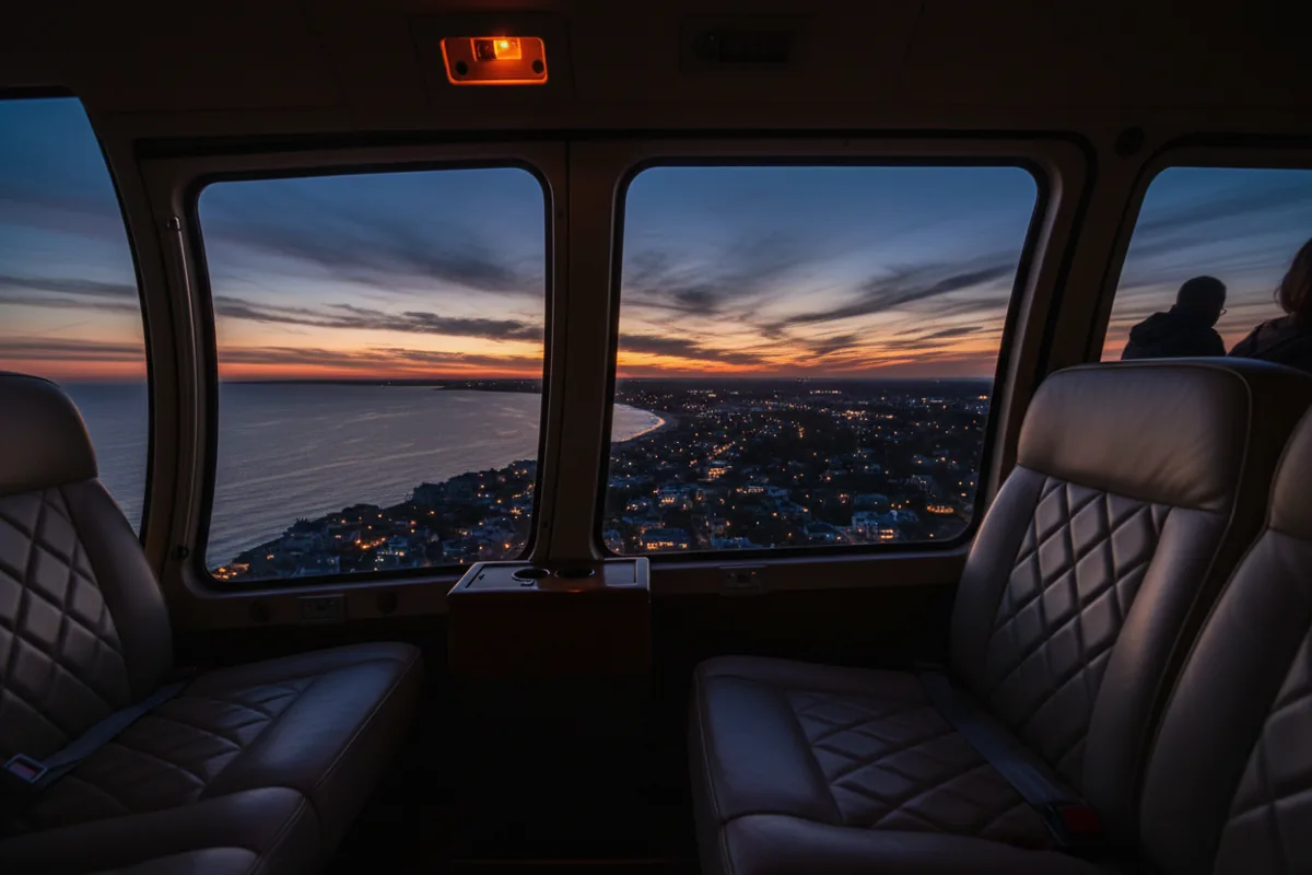 View from a luxury helicopter cabin window at dusk, showing a plush seat and the coastline below.