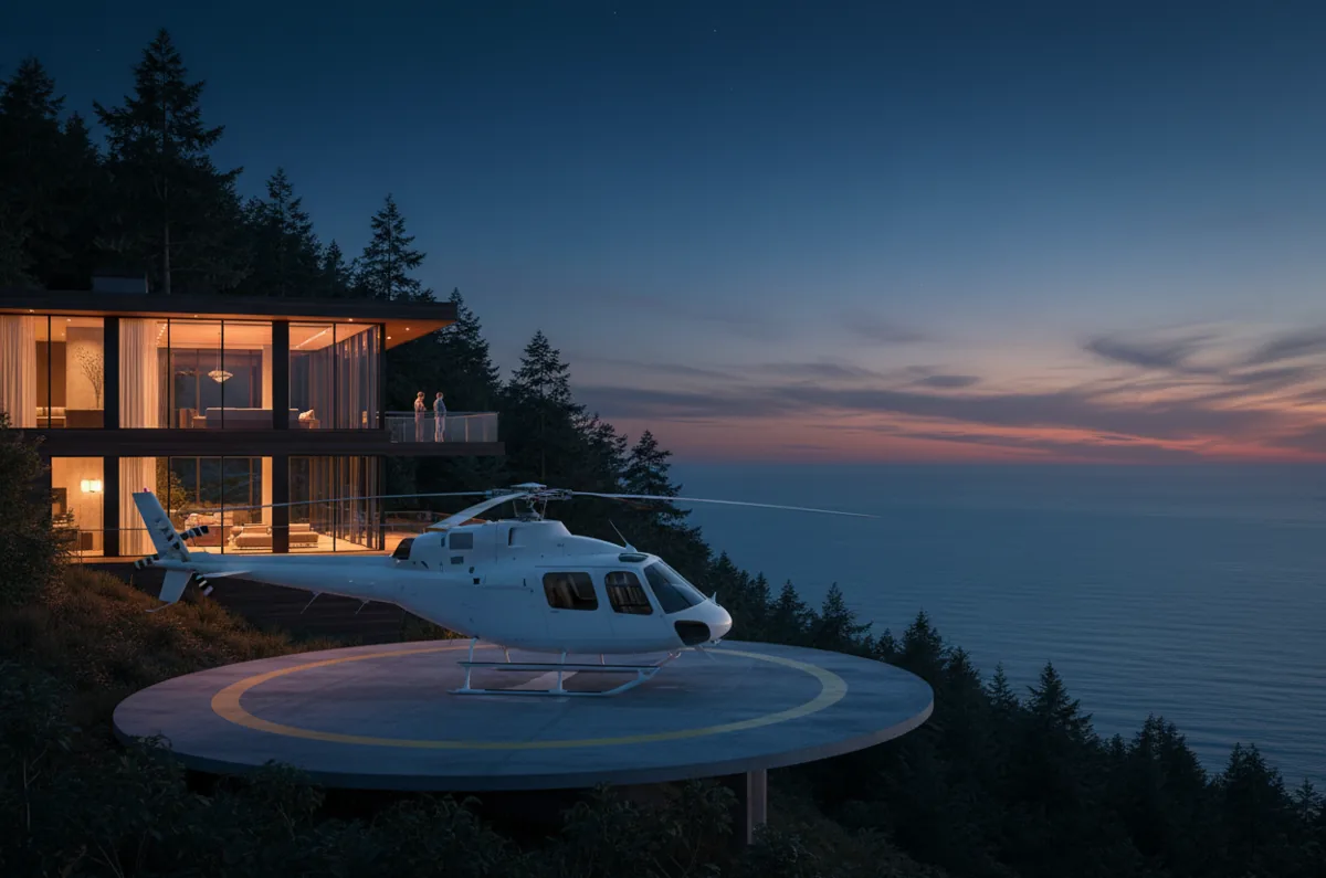A helicopter parked on a helipad beside a modern home in a wooded coastal area at twilight.
