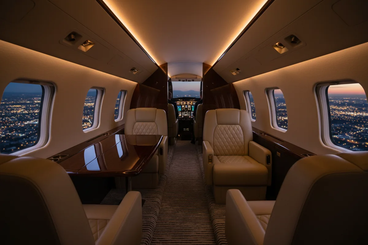 The interior of a luxurious private jet cabin at night, looking out over a city.