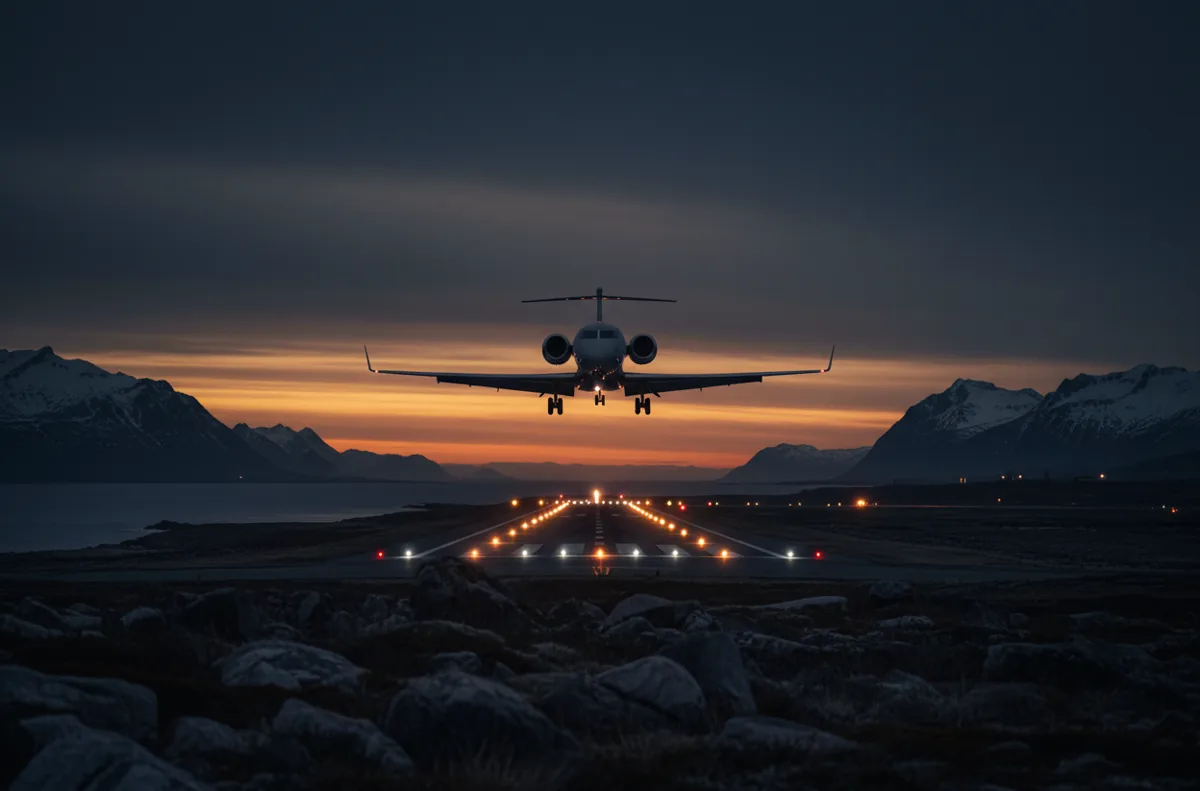 A private jet landing on a coastal runway at sunset.