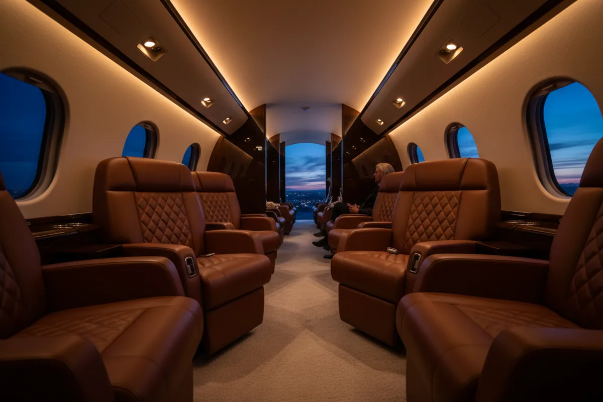 The luxurious interior of an empty private jet cabin at twilight.