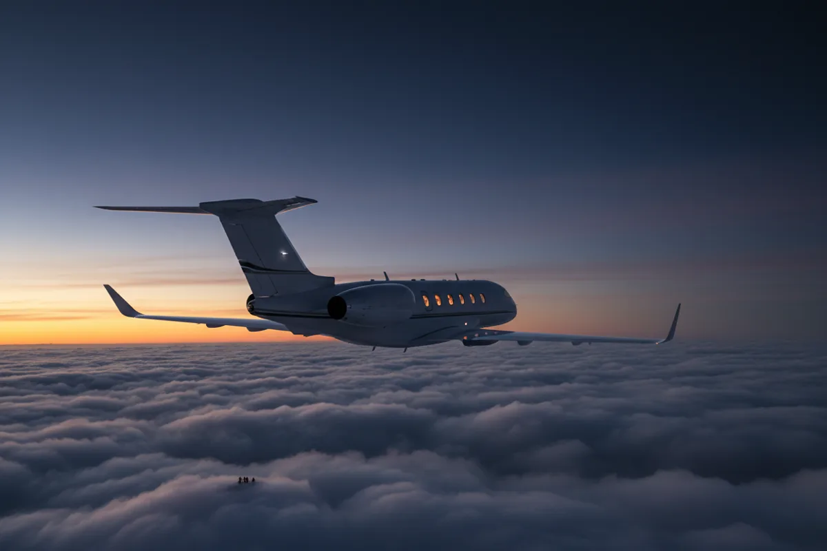 A private jet flying high above a layer of clouds at sunset.
