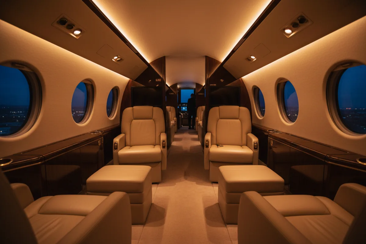 The luxurious interior of a private jet cabin at night, with empty leather seats and warm lighting.