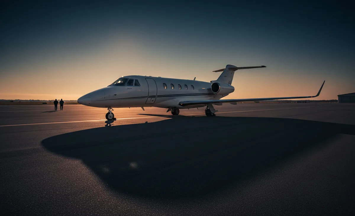A Hawker 850XP private jet on the tarmac at sunset.