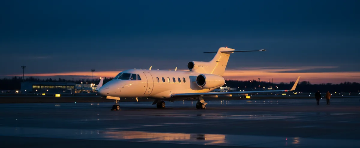 A Hawker 900XP private jet parked on an empty tarmac at sunset.