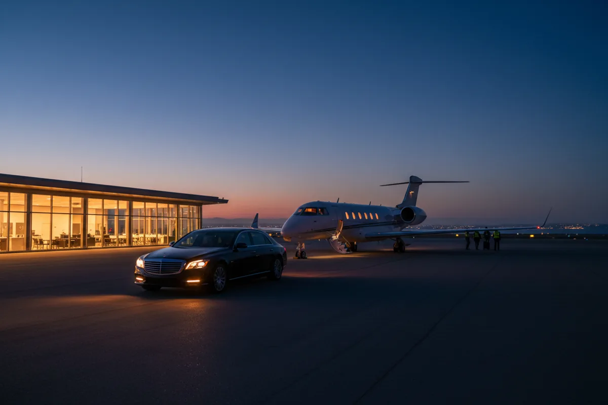 A luxury car waiting for a private jet on the tarmac of an airport at dusk.