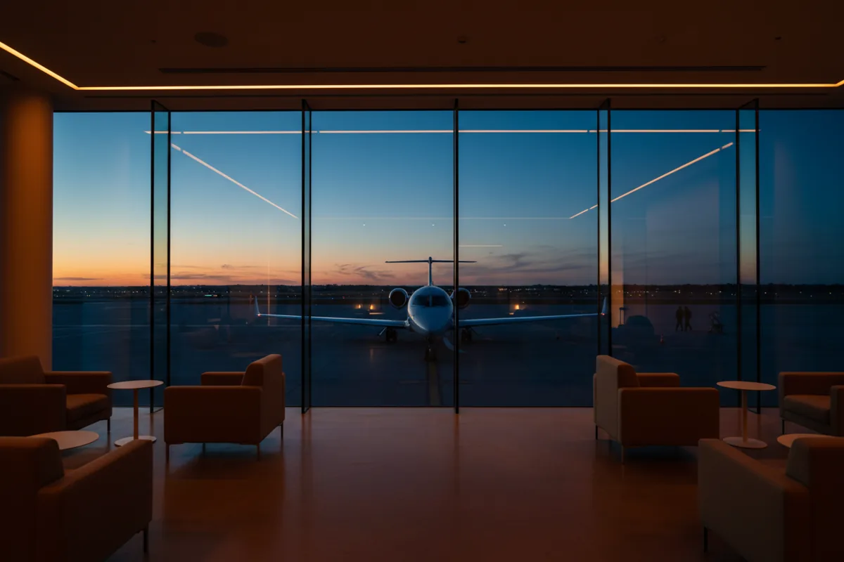 View from a modern airport lounge onto an airfield with a private jet at dusk.