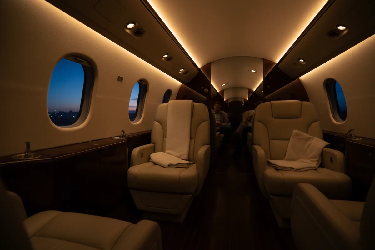 The empty, luxurious interior of a private jet cabin with leather seats and soft lighting.