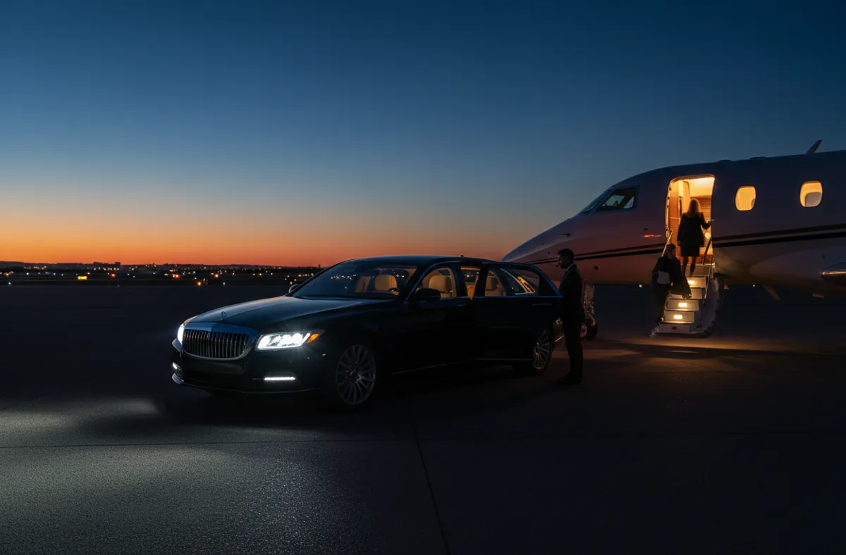 A luxury sedan parked on the tarmac next to the stairs of a private jet at dusk.