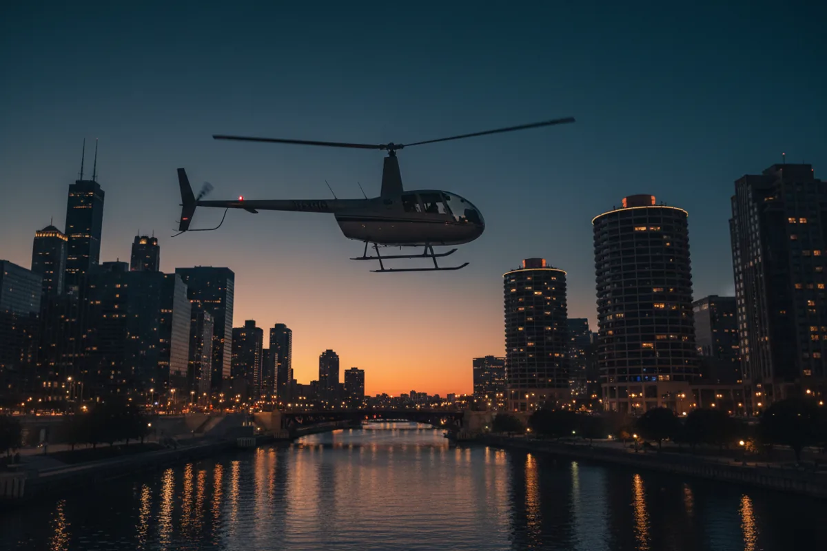 A helicopter flying high above the Chicago River at twilight with Willis Tower and Marina City below.