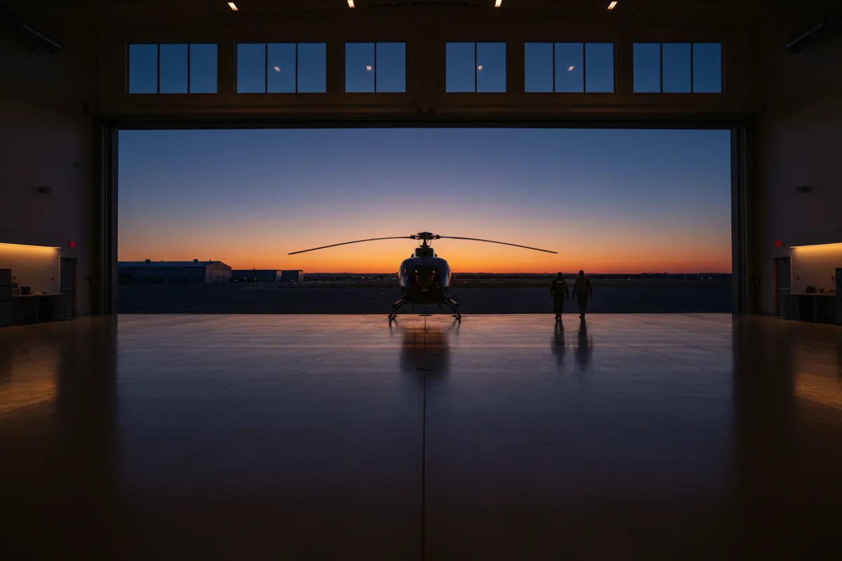 A modern helicopter on a tarmac at dusk, viewed from inside a brightly lit hangar.