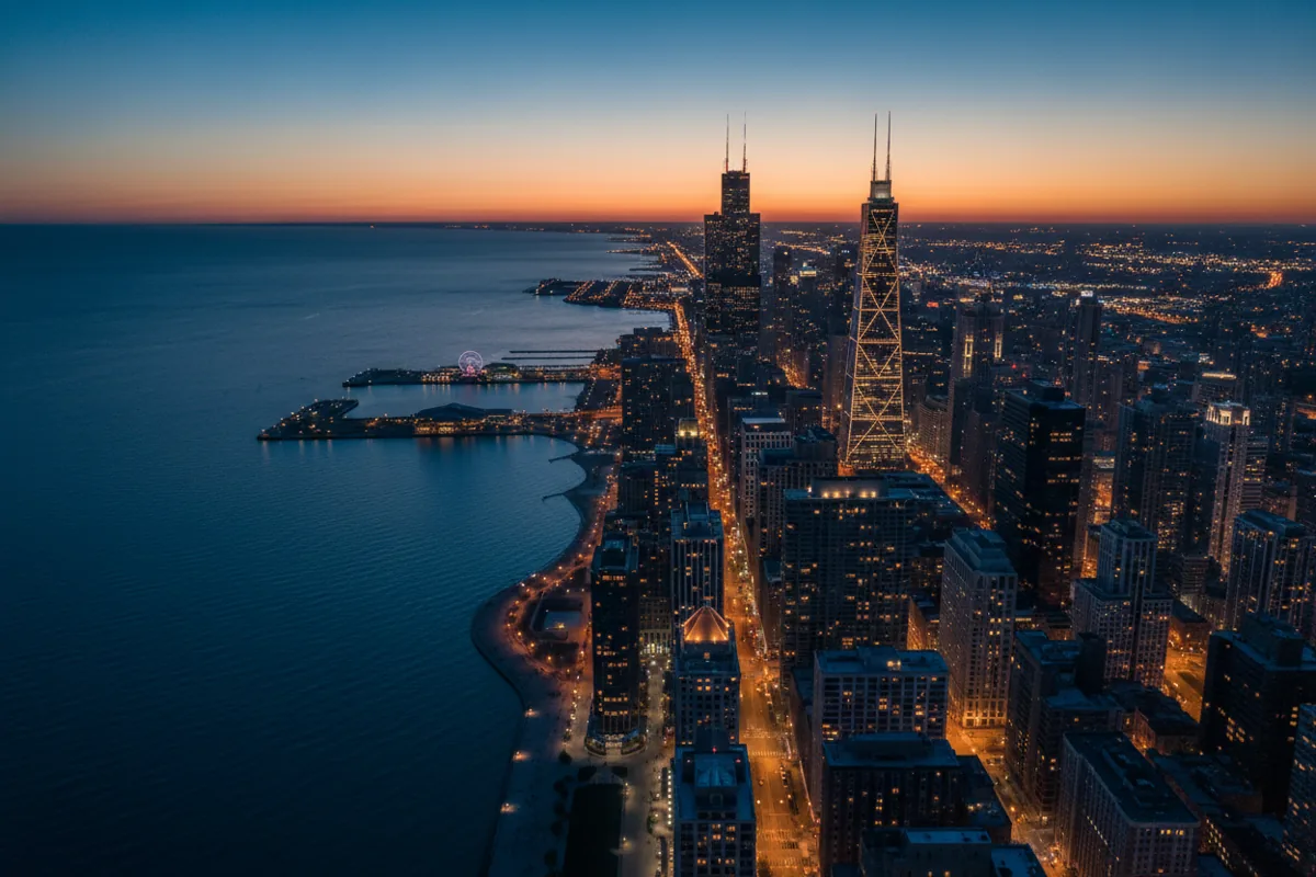Aerial view of the Chicago skyline and Navy Pier from Lake Michigan at dusk.