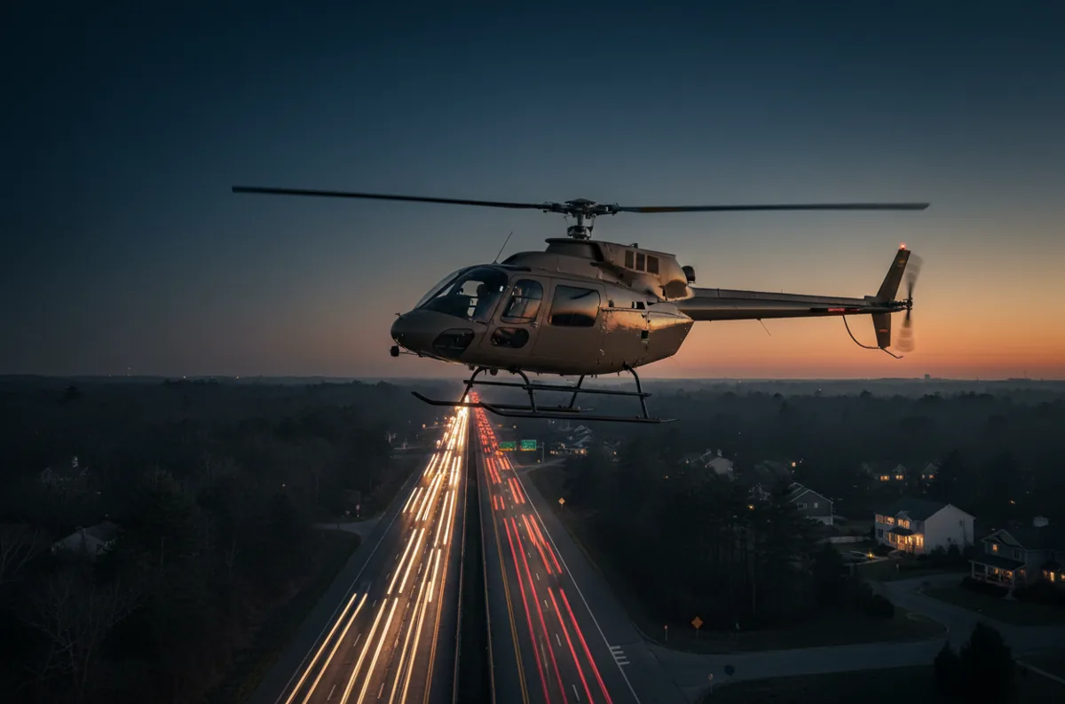 A helicopter flying over heavy Long Island Expressway traffic at dusk.