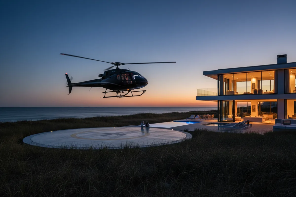 A helicopter prepares to land near a modern, illuminated beach house in the Hamptons at twilight.