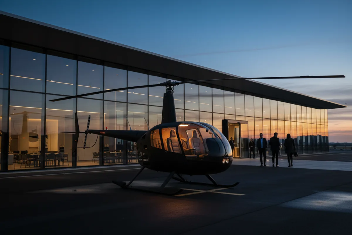 A helicopter waits on the tarmac of a private airport terminal at dusk.