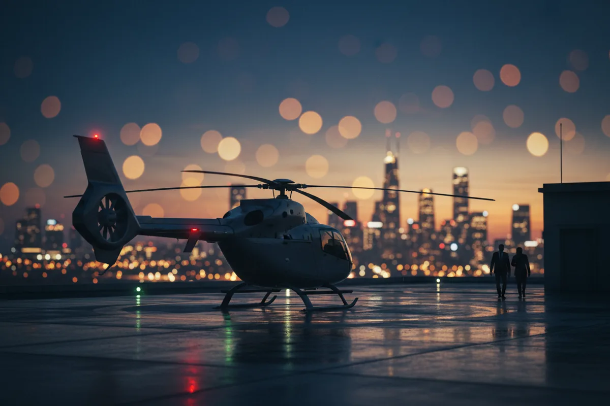 A helicopter with glowing lights sits on a helipad at dusk with a blurred city skyline in the background.