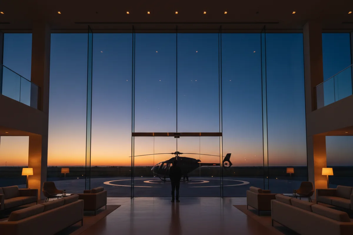 A person in a modern lounge looks out a large window at a helicopter on a helipad at dusk.