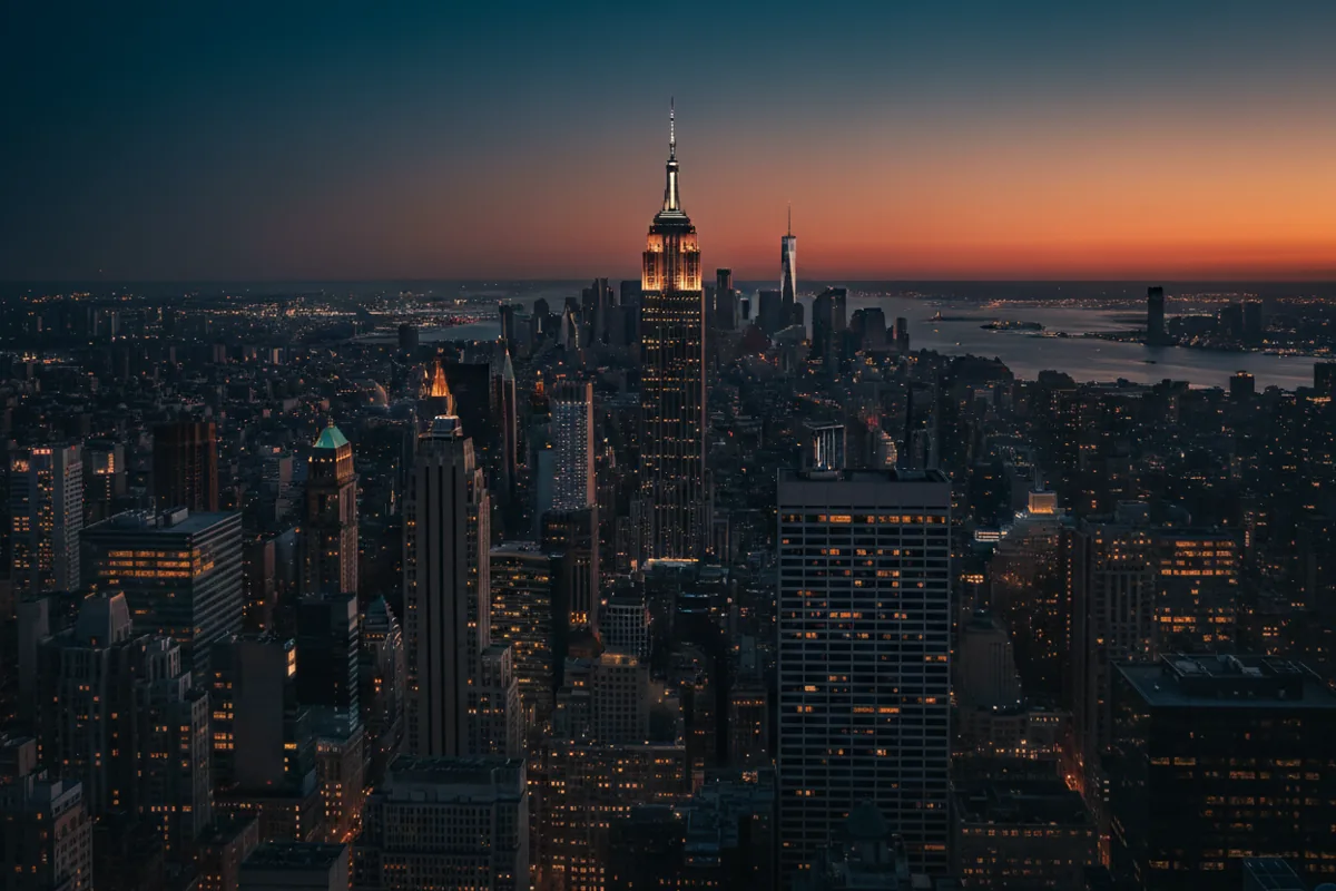 Aerial view of Midtown Manhattan at twilight from a helicopter.